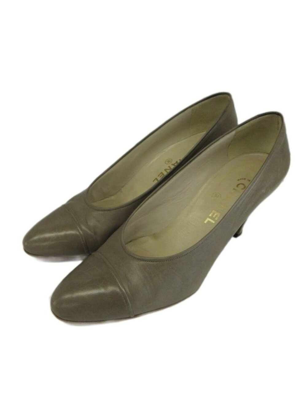 Chanel Pumps Smooth Leather Cap Toe High Heels Gray 7.5
